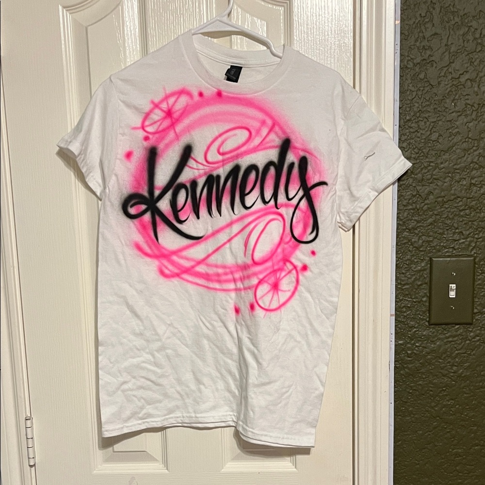 Gildan White and Pink T-Shirt Kennedy Costom Airbrushed